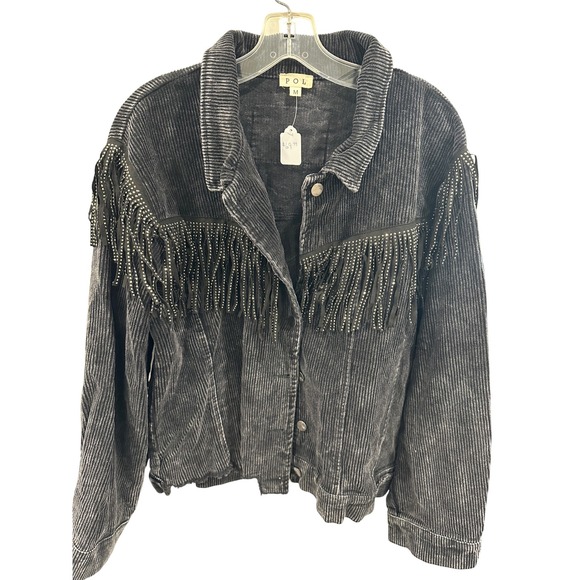 POL Corduroy Fringe Jacket Rhinestone Embellished Western Cowboy Black M - Picture 1 of 7